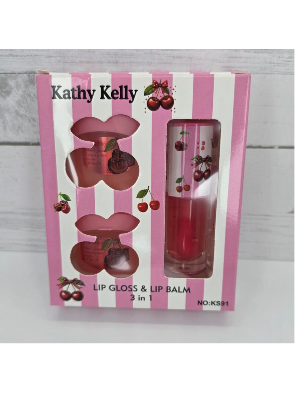 Kathy Kelly cherry lip gloss and balm set